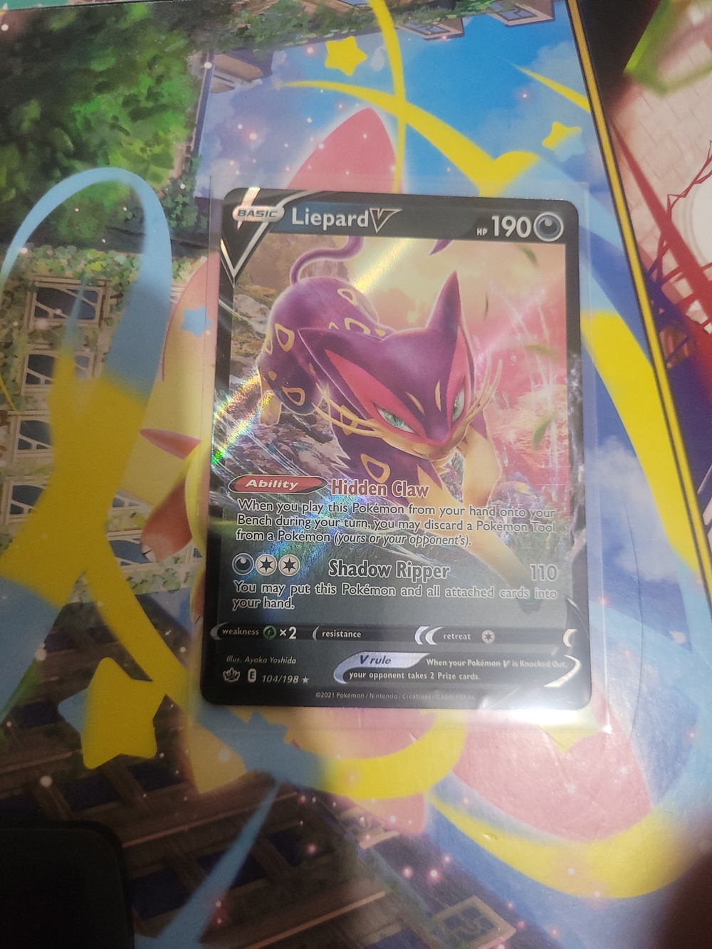 Pokemon Liepard V Holo Card - Purple, Pink, Yellow